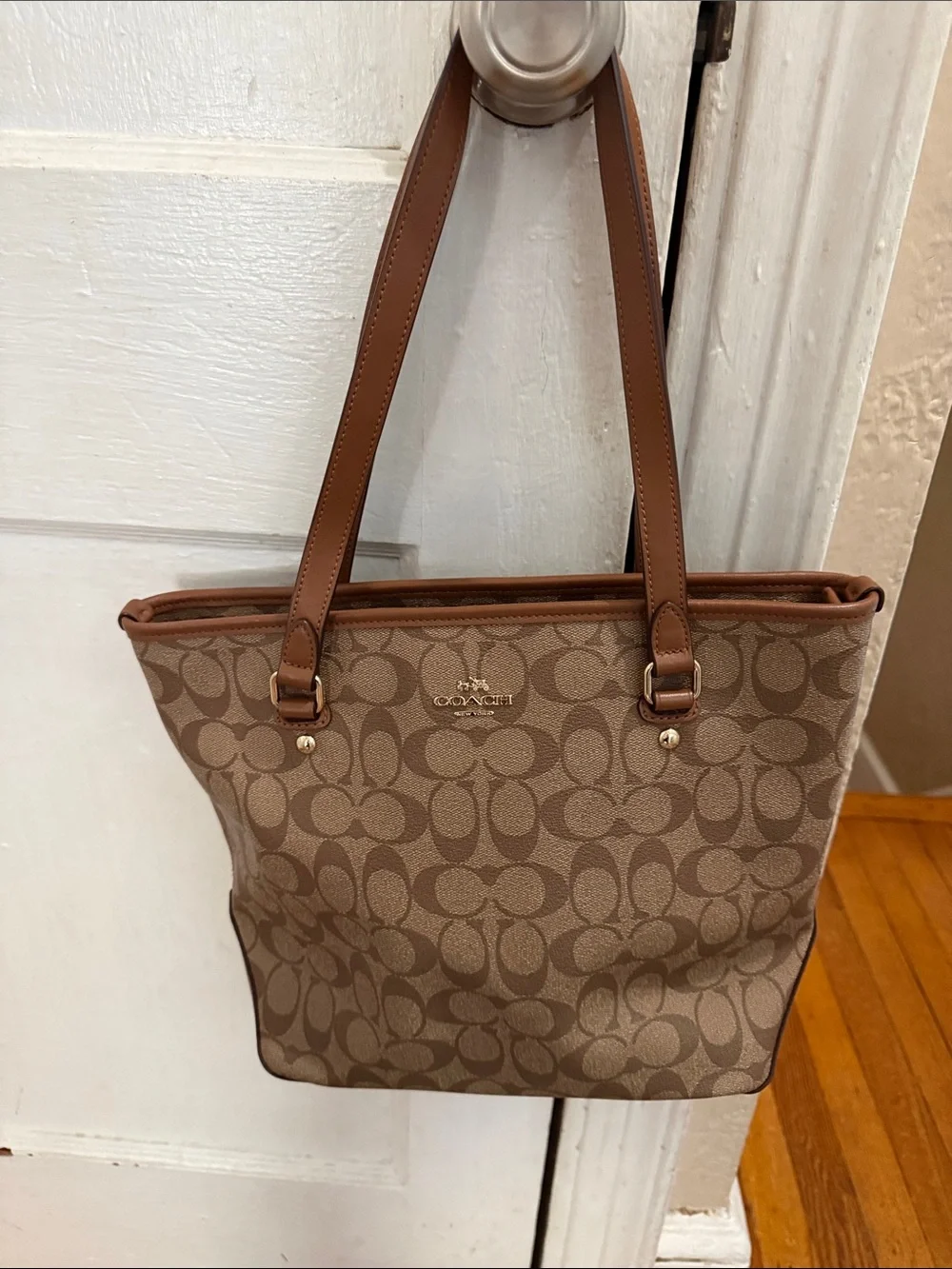 COACH Tan/Brown Signature Canvas Tote with Leather Trim